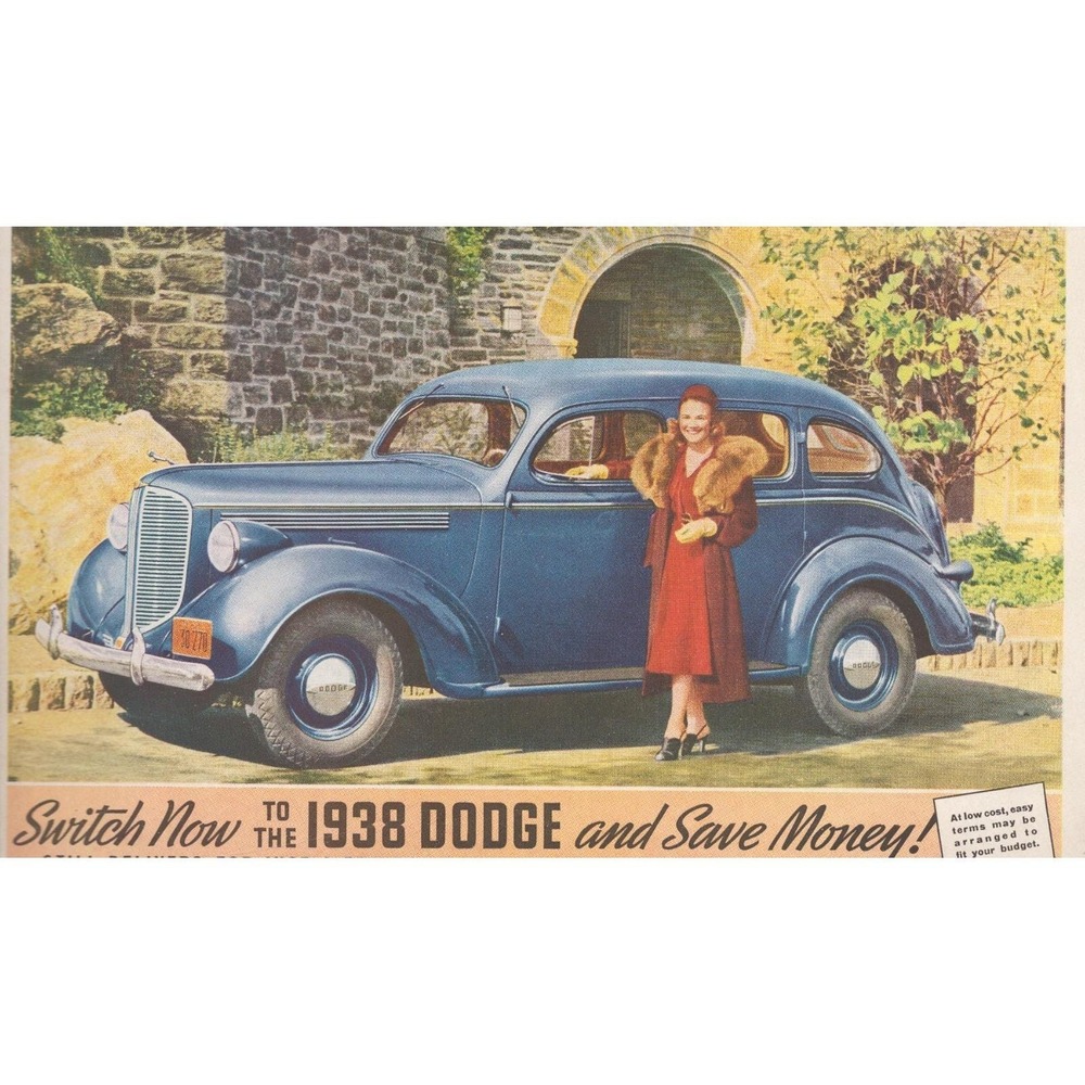 Vintage 1938 Dodge Sedan Print Ad American Woman Beauty Mopar Pre-WWII Decor